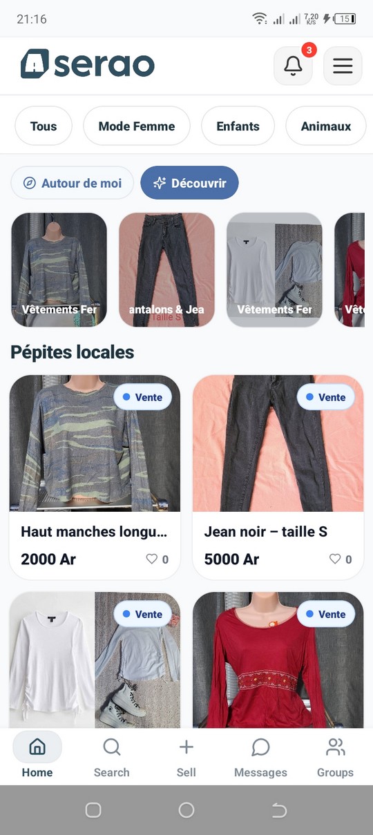 Écran catalogue mobile Aserao avec produits et catégories