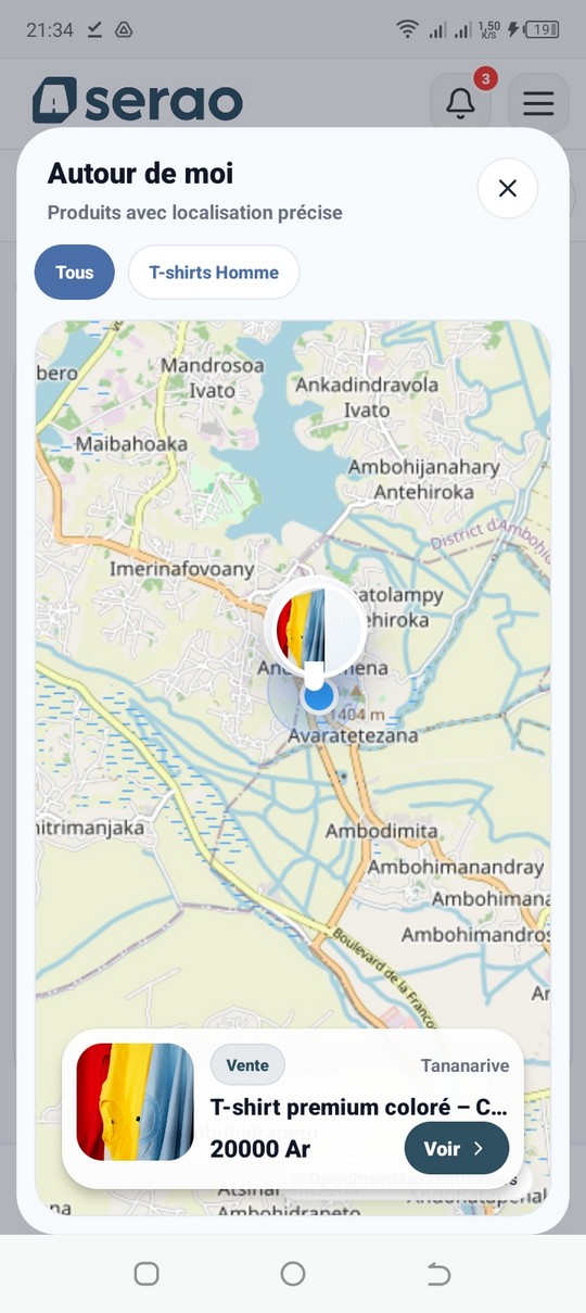 Écran autour de moi Aserao avec carte et produits proches