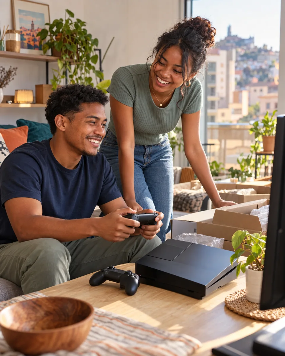 Deux jeunes amis découvrent une console et ses manettes dans un appartement lumineux